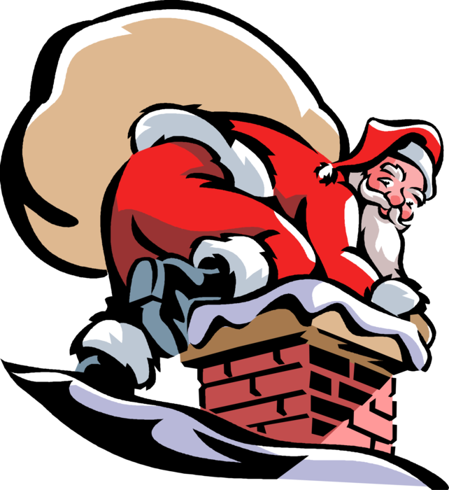Vector Illustration of Santa Claus Goes Down Chimney on Christmas with Sack of Presents