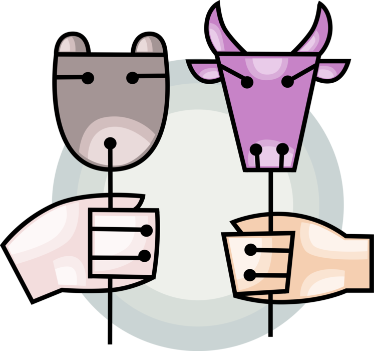 Vector Illustration of Hands Hold Wall Street Investment Stock Market Bull and Bear Market Masks