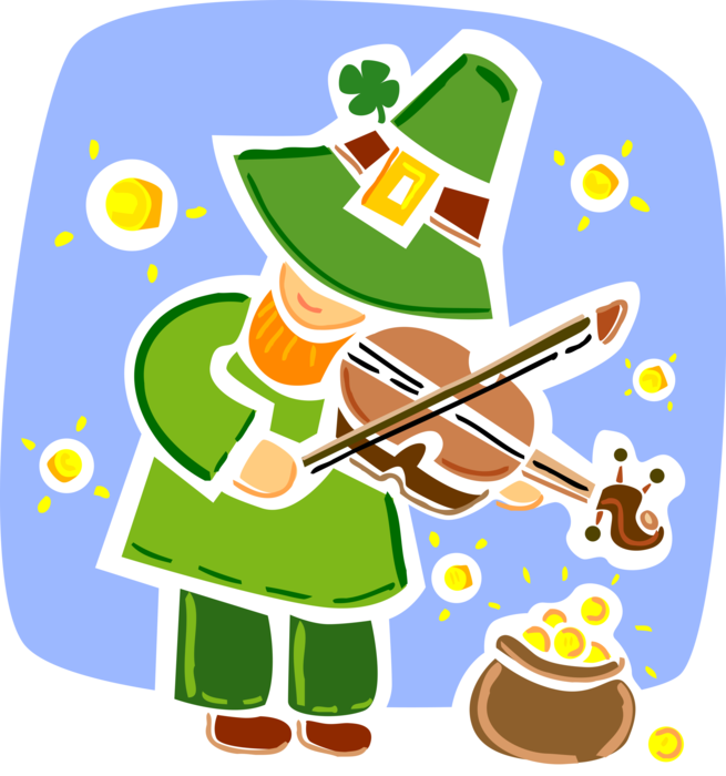 Vector Illustration of St Patrick's Day Irish Leprechaun Plays Fiddle Violin Musical Instrument with Pot of Gold