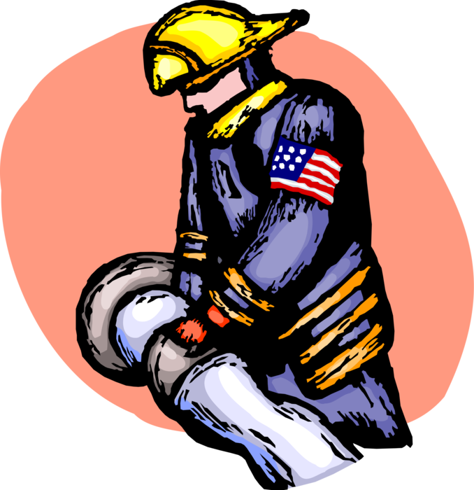 Vector Illustration of Patriot Firefighter Fireman Rescue Worker at Disaster Site with American Flag