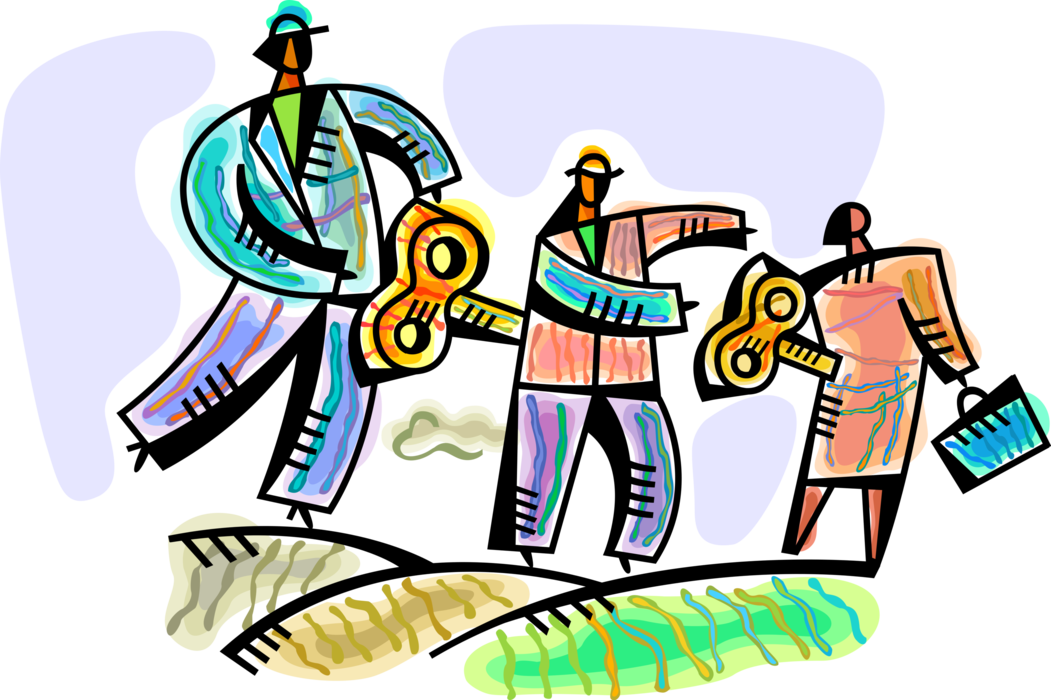 Vector Illustration of Business Office Worker Automatons with Management Winding Up Wind Up Key to Activate