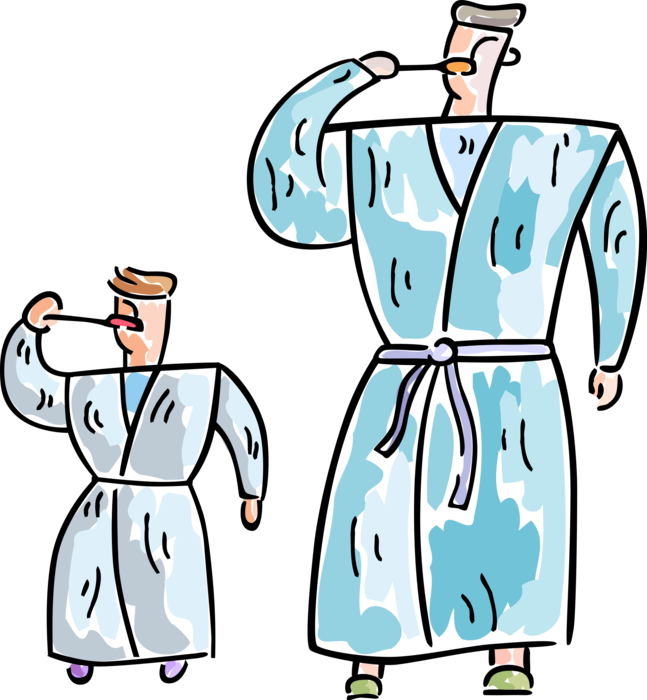 Vector Illustration of Father and Son Get Ready for Bed in Bathrobes Housecoat Robes Brushing Their Teeth