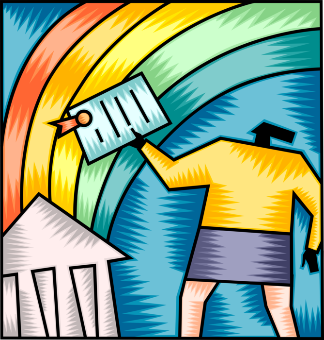 Vector Illustration of Businesswoman Celebrates Achievement with Rainbow Bringing Fresh Beginning, and New Prosperity