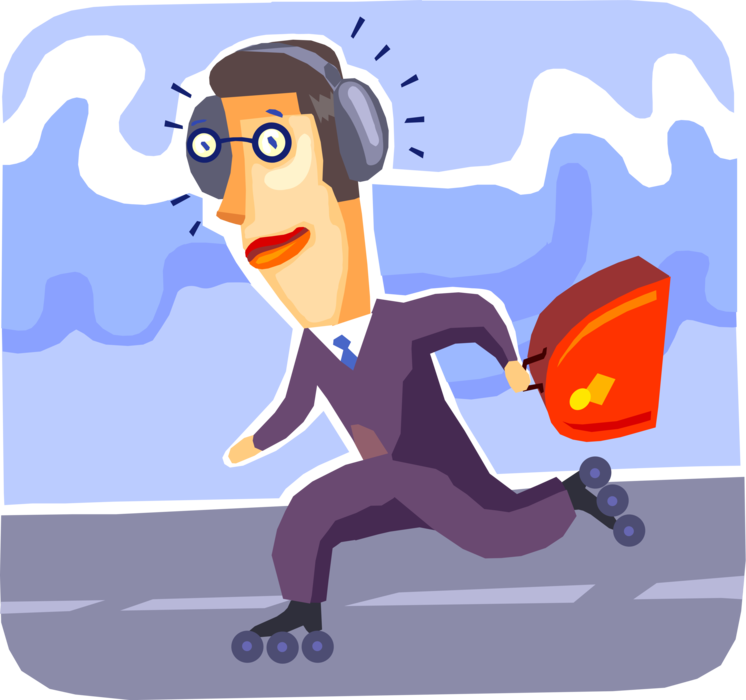 Vector Illustration of Businessman Skates to Work on Inline Skates Listening to Music with Headphones