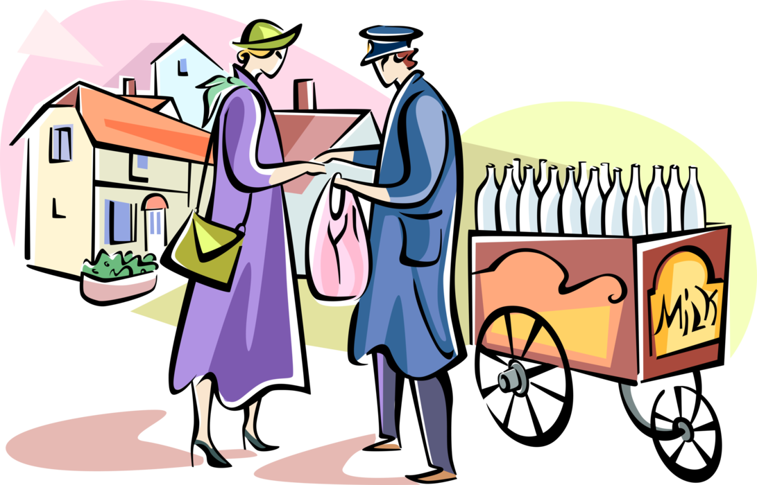 Vector Illustration of English Dairy Milkman with Milk Bottles in Cart and Customer, United Kingdom