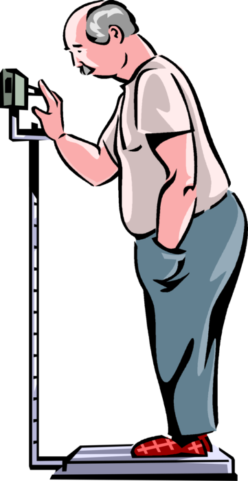 Vector Illustration of Retired Elderly Senior Citizen Checks Body Weight on Weight Scale in Doctor's Office
