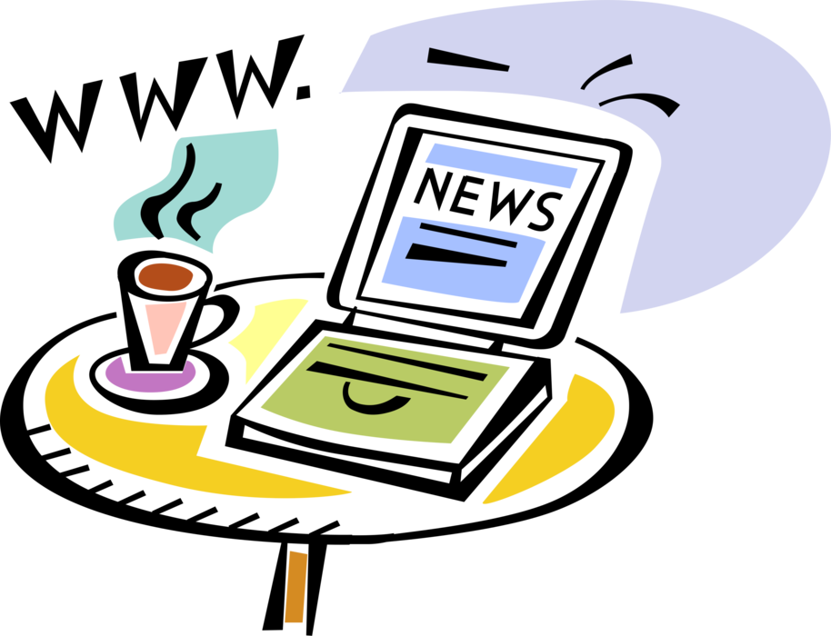 Vector Illustration of Accessing Current News via Online Internet with Cup of Coffee and Notebook Computer