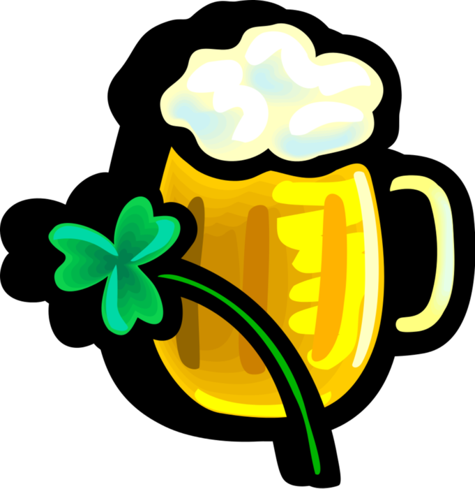 Vector Illustration of St Patrick's Day Lucky Shamrock and Mug of Beer Fermented Malt Barley Alcohol Beverage