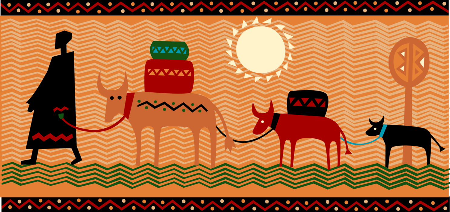 Vector Illustration of Nomadic African with Animals Traverse Desert