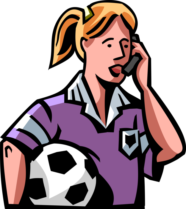 Vector Illustration of Female Soccer Football Player Makes Plans on Mobile Cell Phone Telephone