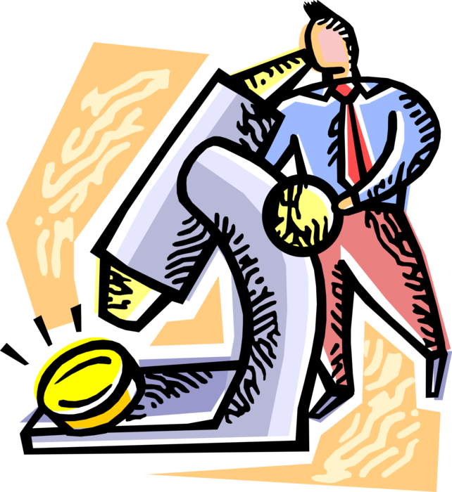 Vector Illustration of Businessman Investigates New Financial Opportunities with Microscope and Cash Money Coin