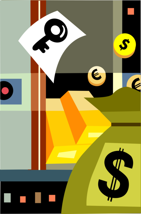 Vector Illustration of Financial Security with Cash Money Dollars, Precious Metal Gold Bar, Gold Bullion or Gold Ingot