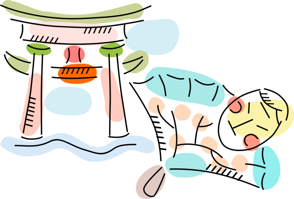 Vector Illustration of Japanese Traditional Shinto Shrine Torii Gate with Folding Hand Fan and Kabuki Mask