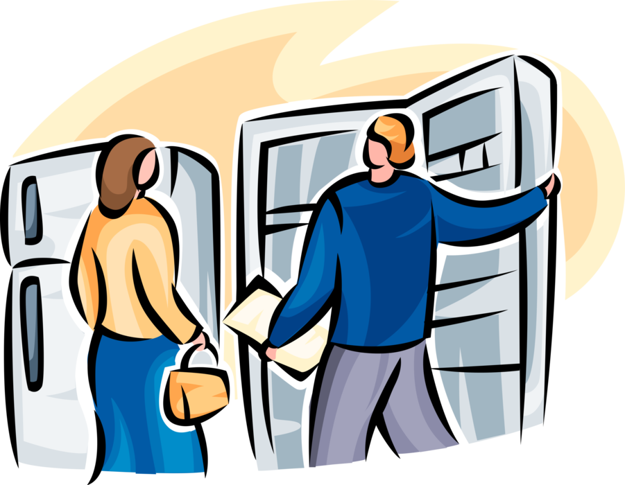 Vector Illustration of Home Appliance Shoppers Purchase Refrigerator at Retail Store