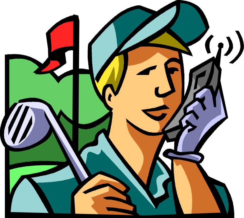 Vector Illustration of Sport of Golf Golfer Receives Telephone Call While Golfing on Mobile Cell Phone