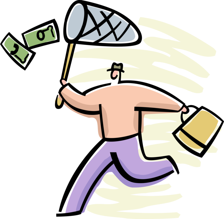 Vector Illustration of Businessman Chases Financial Benefits Cash Money Dollars with Butterfly Net