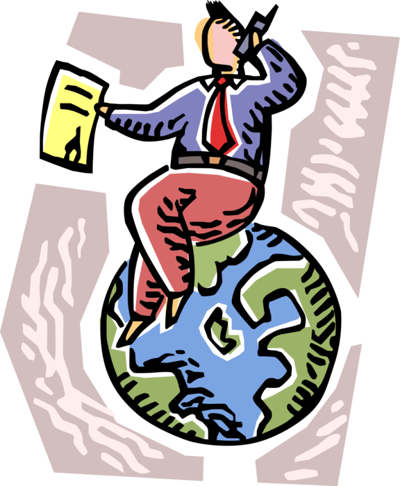 Vector Illustration of Successful Businessman with Mobile Phone on Top of the World with Planet Earth