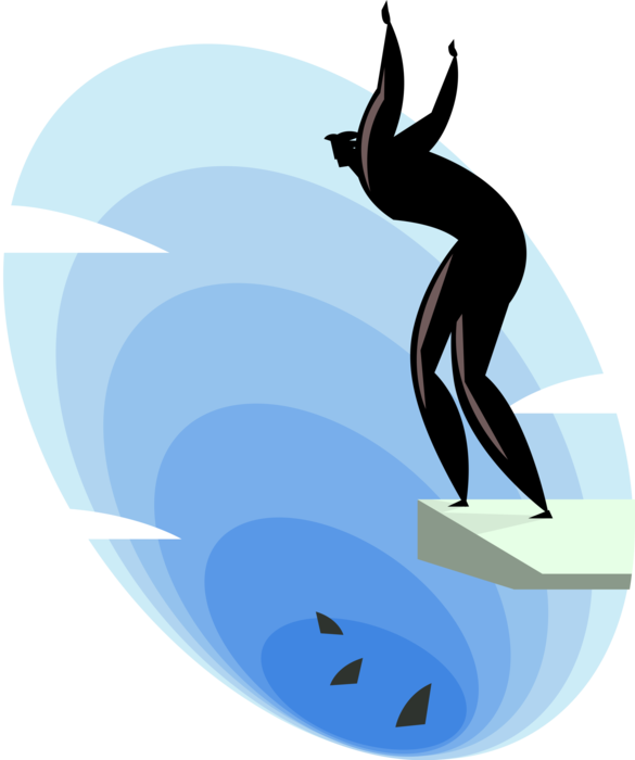 Vector Illustration of Businessman Dives into Marine Predator Shark Infested Waters from Diving Board