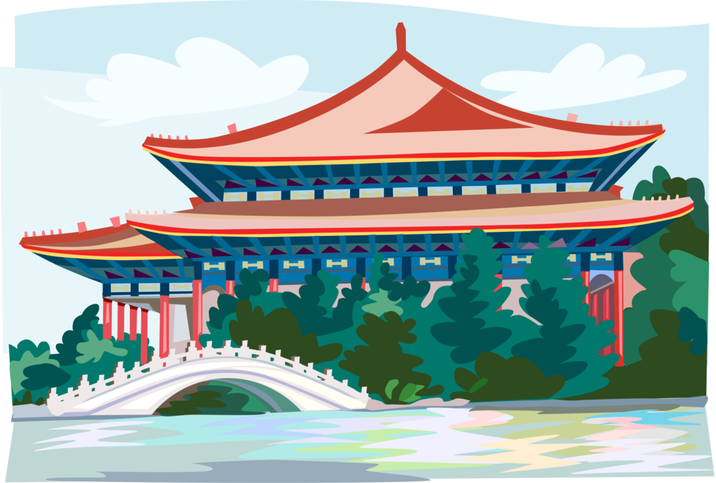 Vector Illustration of Pagoda Temple and Moon Bridge, Taipei, Taiwan
