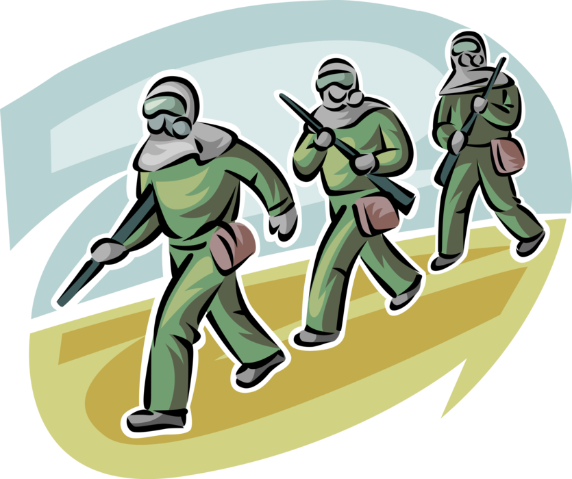 Vector Illustration of Military Response Team with Gas Masks and Rifle Weapons Respond to Emergency