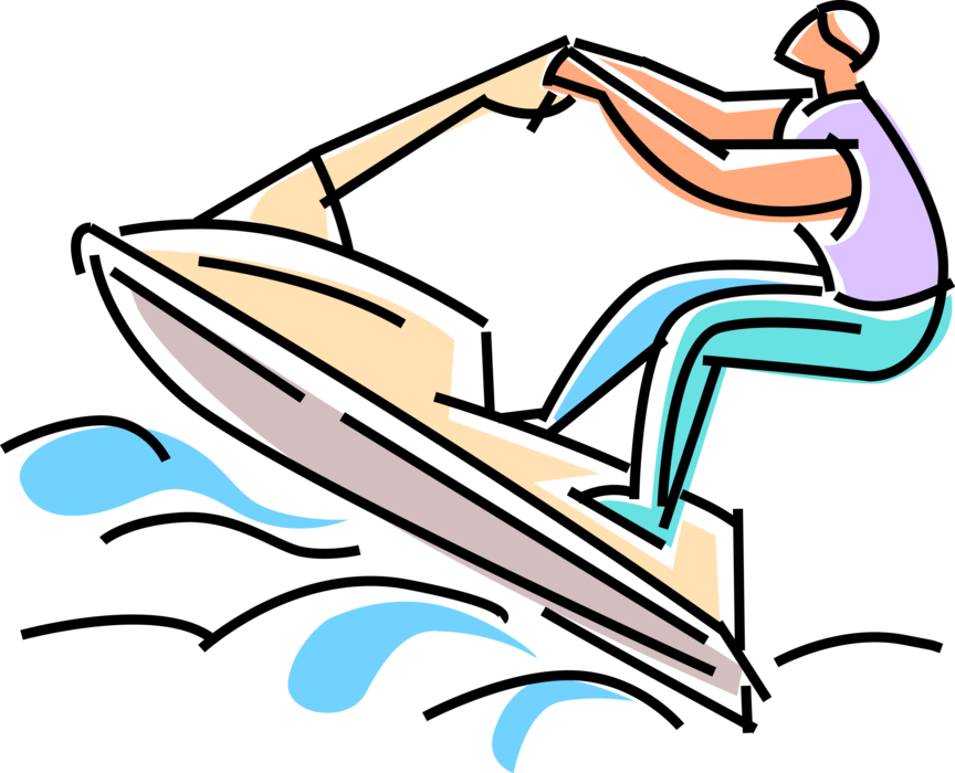 Vector Illustration of Personal Watercraft Water Sports Jet Skiers on Sea-Doo Jet Ski Jumps Waves