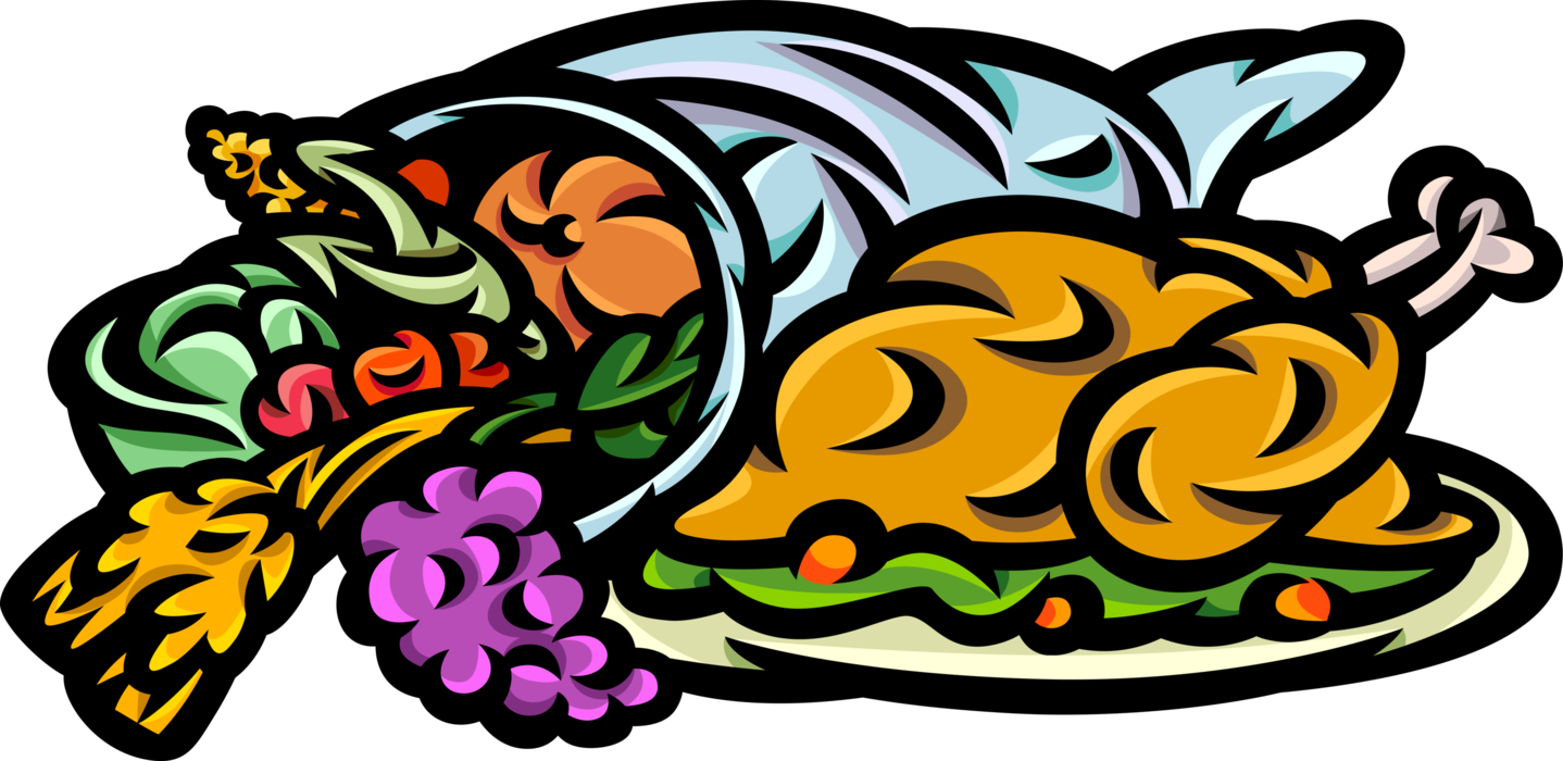 Vector Illustration of Thanksgiving Turkey Dinner with Cornucopia Horn of Plenty Filled with Harvest Fruits and Vegetables
