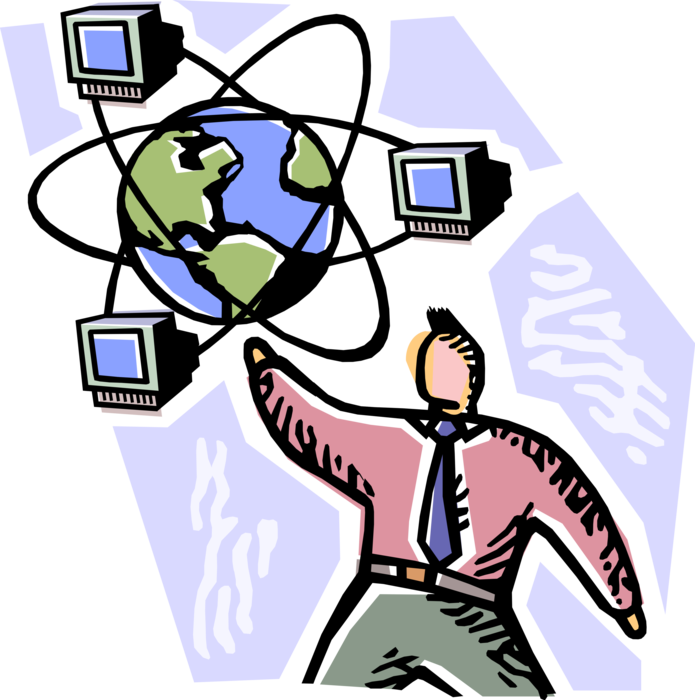 Vector Illustration of Businessman Excels with Global Computer Communications Network
