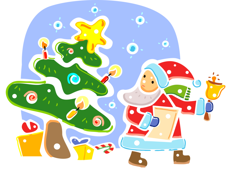 Vector Illustration of Santa Claus Delivers Christmas Presents and Rings Hand Bell