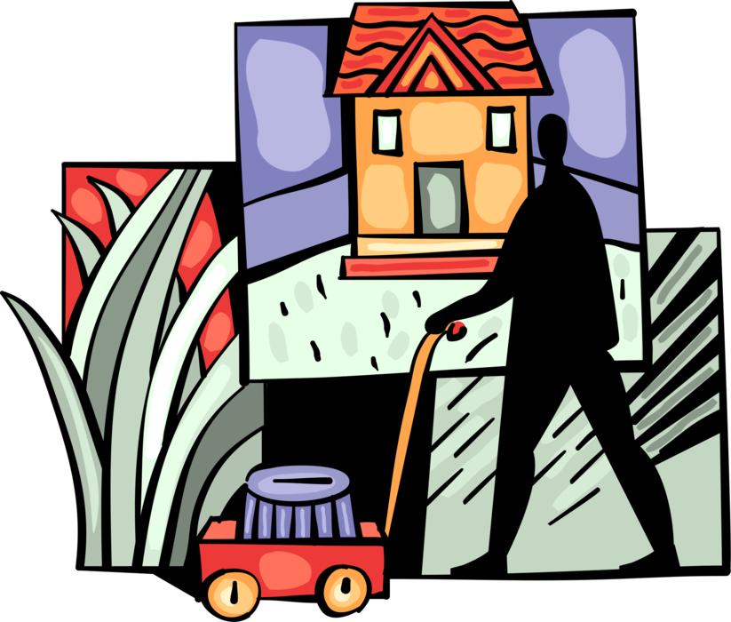 Vector Illustration of Lawn Care Worker Cuts Grass with Lawn Mower at Residence House