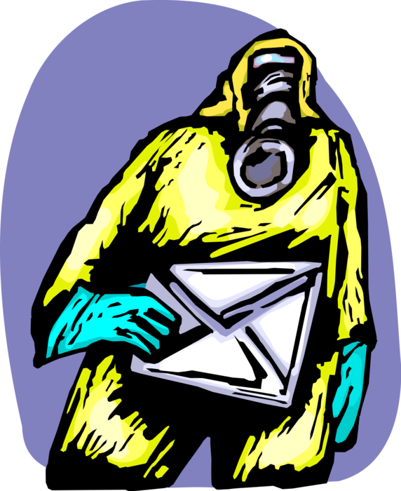 Vector Illustration of Homeland Security Personnel with Chemical Weapons Suit and Mail Envelope Containing Anthrax