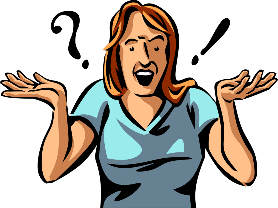 Vector Illustration of Dumbfounded Woman Throws Up Hands in Confused Bewilderment and Amazement