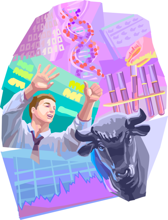 Vector Illustration of Pharmaceutical Industry Investment in Wall Street Stock Market with Broker and Bull Market