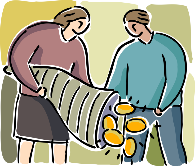 Vector Illustration of Husband and Wife Family Couple with Cornucopia Horn of Plenty Investment Harvest Golden Nest Eggs