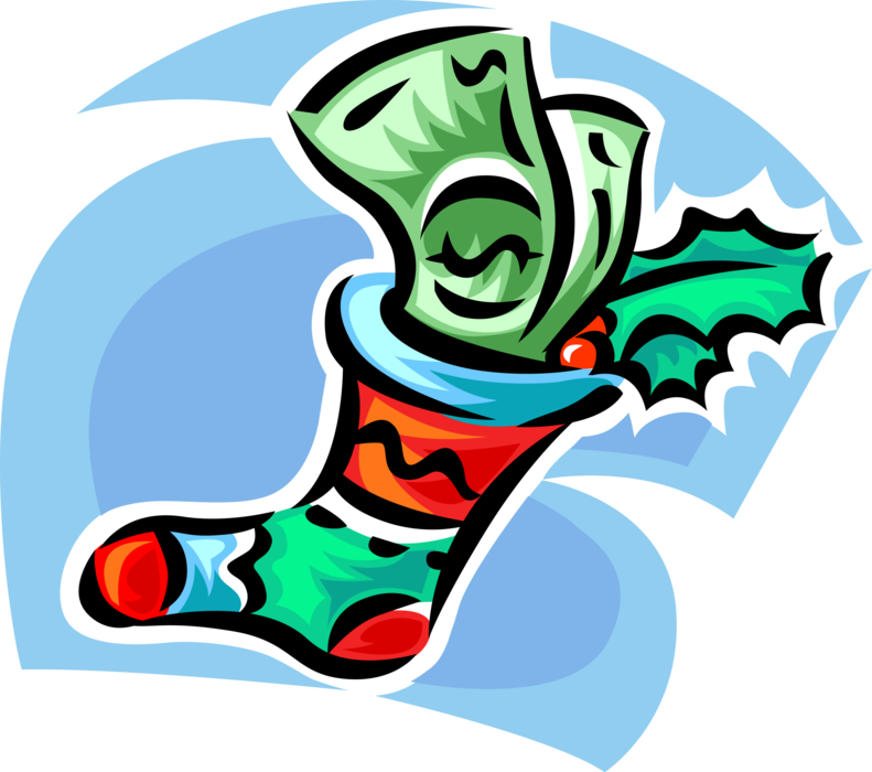 Vector Illustration of Festive Season Christmas Stocking with Cash Money Dollars and Holly