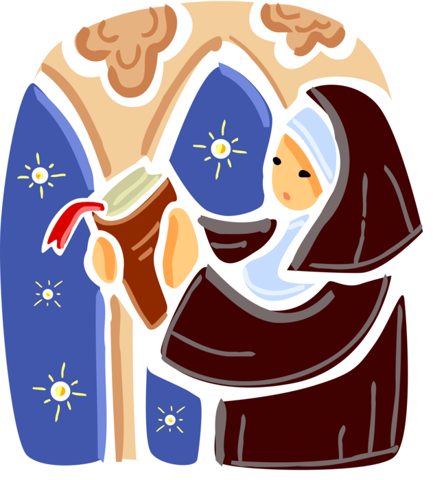 Vector Illustration of Religious Order Christian Sister Nun with Holy Bible in Church