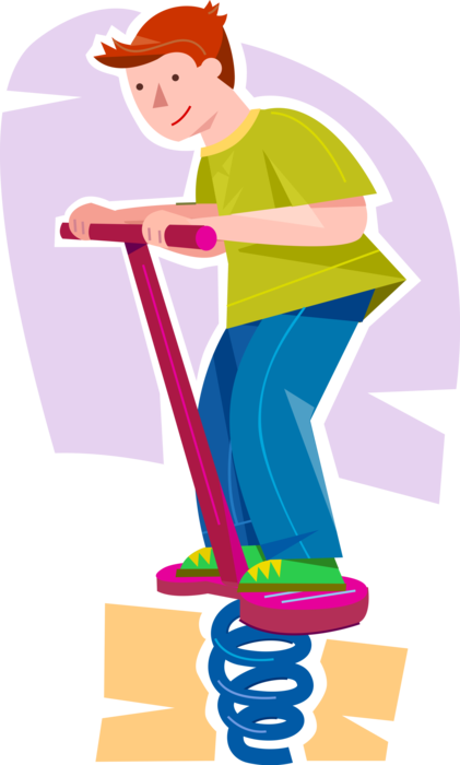 Vector Illustration of Primary or Elementary School Student Boy Plays with Pogo Stick Spring Bouncing Toy