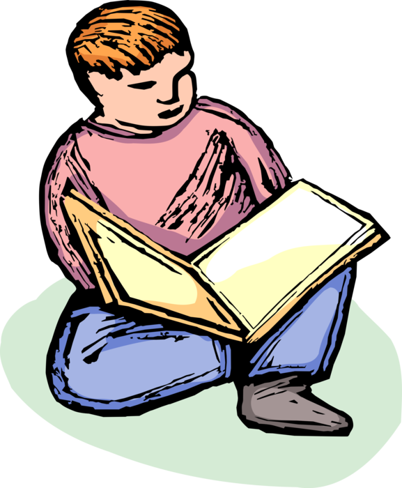 Vector Illustration of Young Boy Learning to Read Book