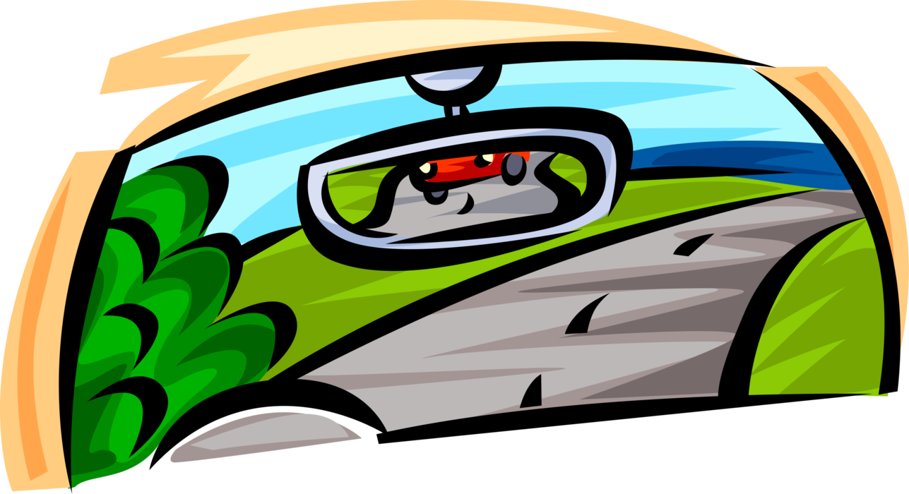 Vector Illustration of Rear-View Mirror in Automobile Motor Vehicle Car Driving on Highway Road