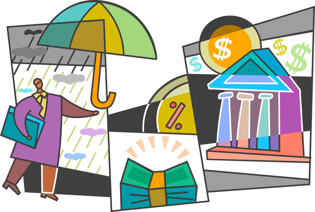Vector Illustration of Smart Investor Saves Cash Money Dollar Investments in Bank for Rainy Day with Umbrella