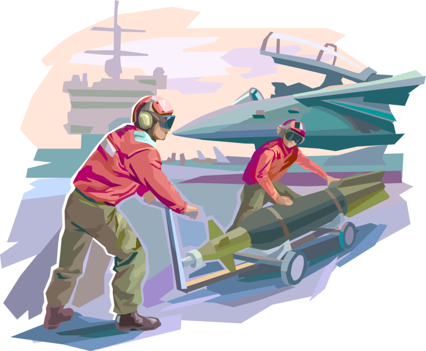 Vector Illustration of United States Navy Aircraft Carrier Air Operation Flight Deck Crew Load Ordnance Missiles on Fighter Jet