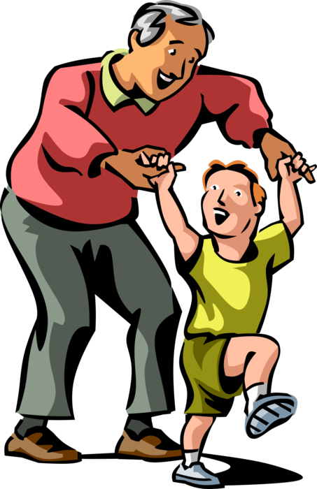 Vector Illustration of Senior Citizen Grandfather Plays with Grandson Learning to Walk
