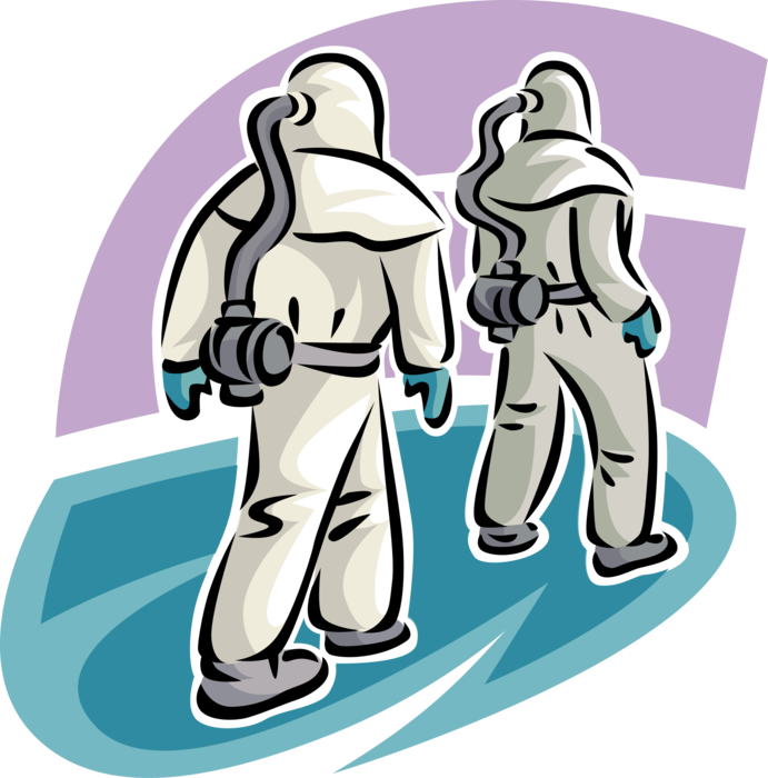 Vector Illustration of Security Personnel Wear Toxic Chemical Hazmat Suits Impermeable from Hazardous Materials