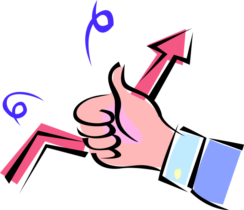 Vector Illustration of Thumbs Up or Thumbs-Up Nonverbal Communication Hand Gesture Approval of Corporate Sales Profits