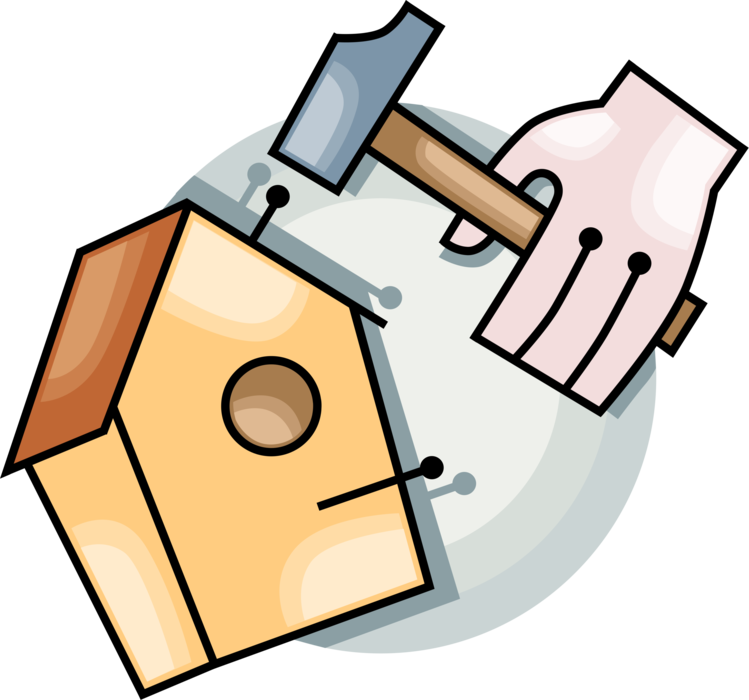 Vector Illustration of Hand Constructs Birdhouse Shelter for Birds with Hammer
