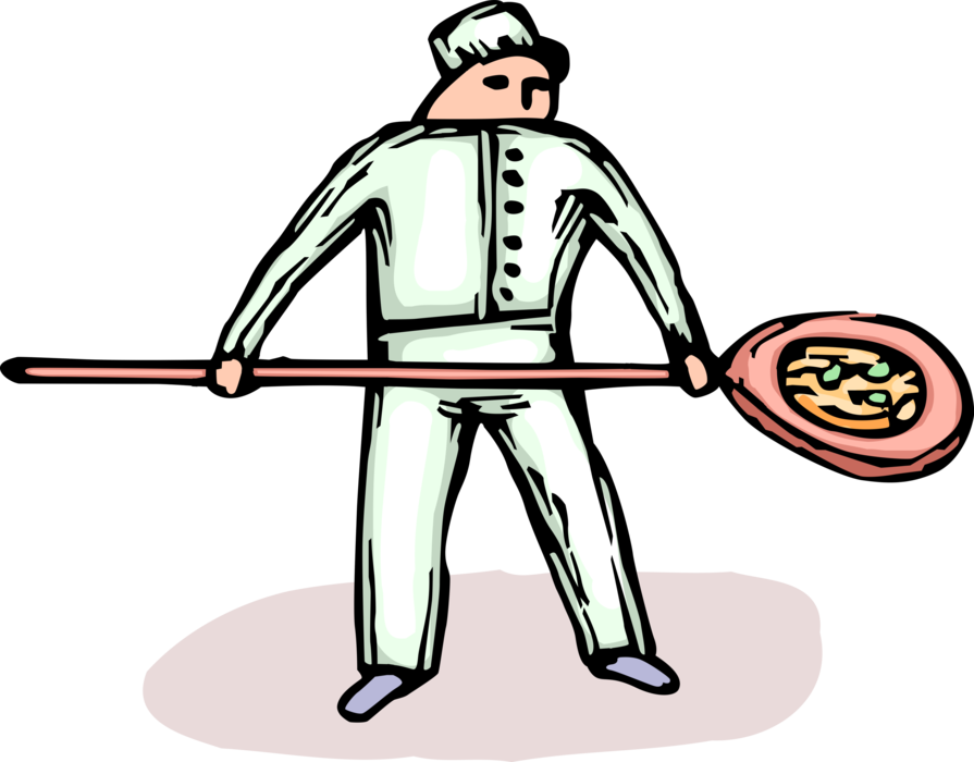 Vector Illustration of Fast Food Pizza Chef Baker Bakes Flatbread Pizza in Oven