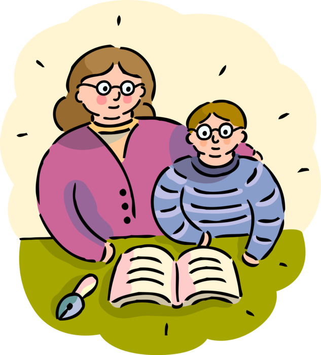 Vector Illustration of Parent Mother Helps Student Daughter with School Homework
