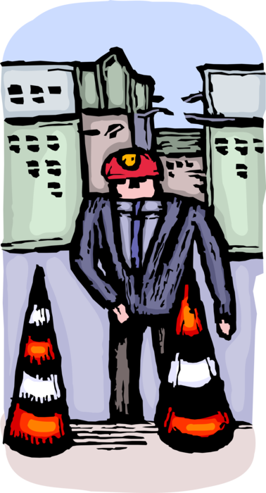 Vector Illustration of Law Enforcement Police Officer with Pylons Restricts Public Access to Disaster Site