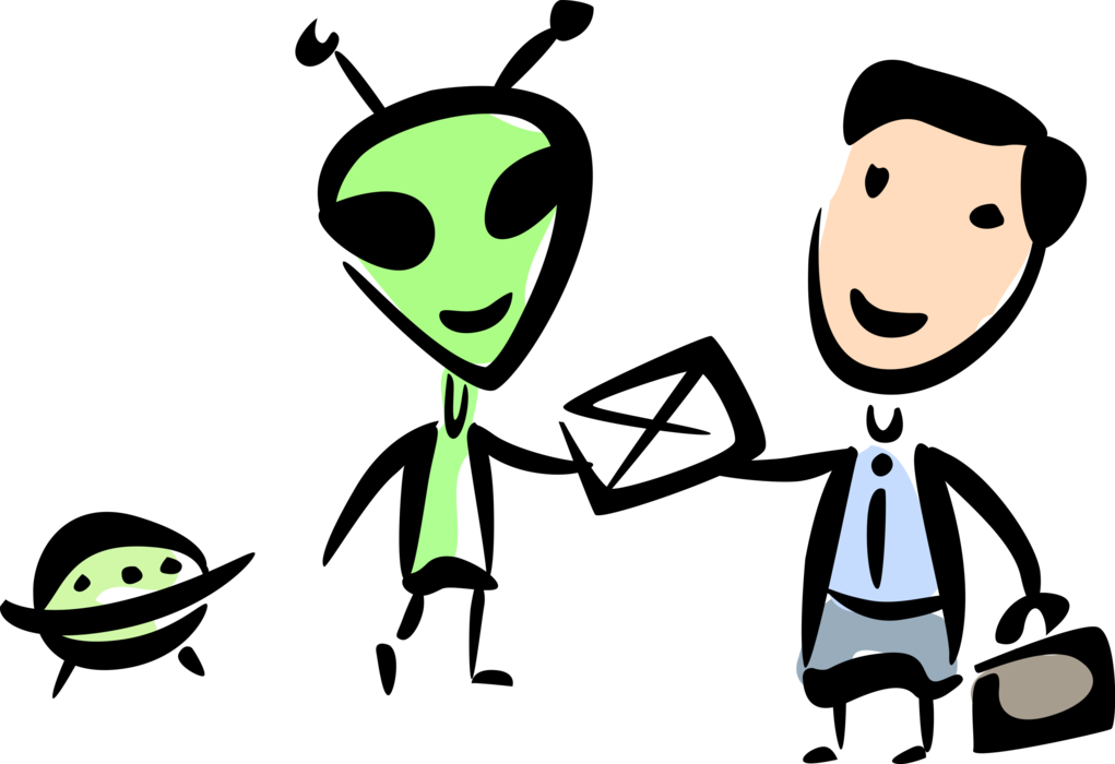 Vector Illustration of UFO Extraterrestrial Alien Delivers Letter Envelope Mail to Businessman