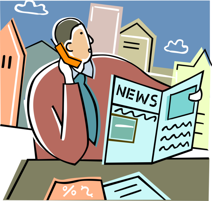 Vector Illustration of Businessman on Telephone Phone Reads News in Newspaper