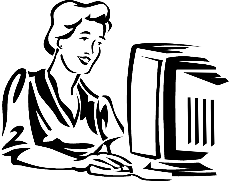 Vector Illustration of Businesswoman Works at Office Desktop Computer